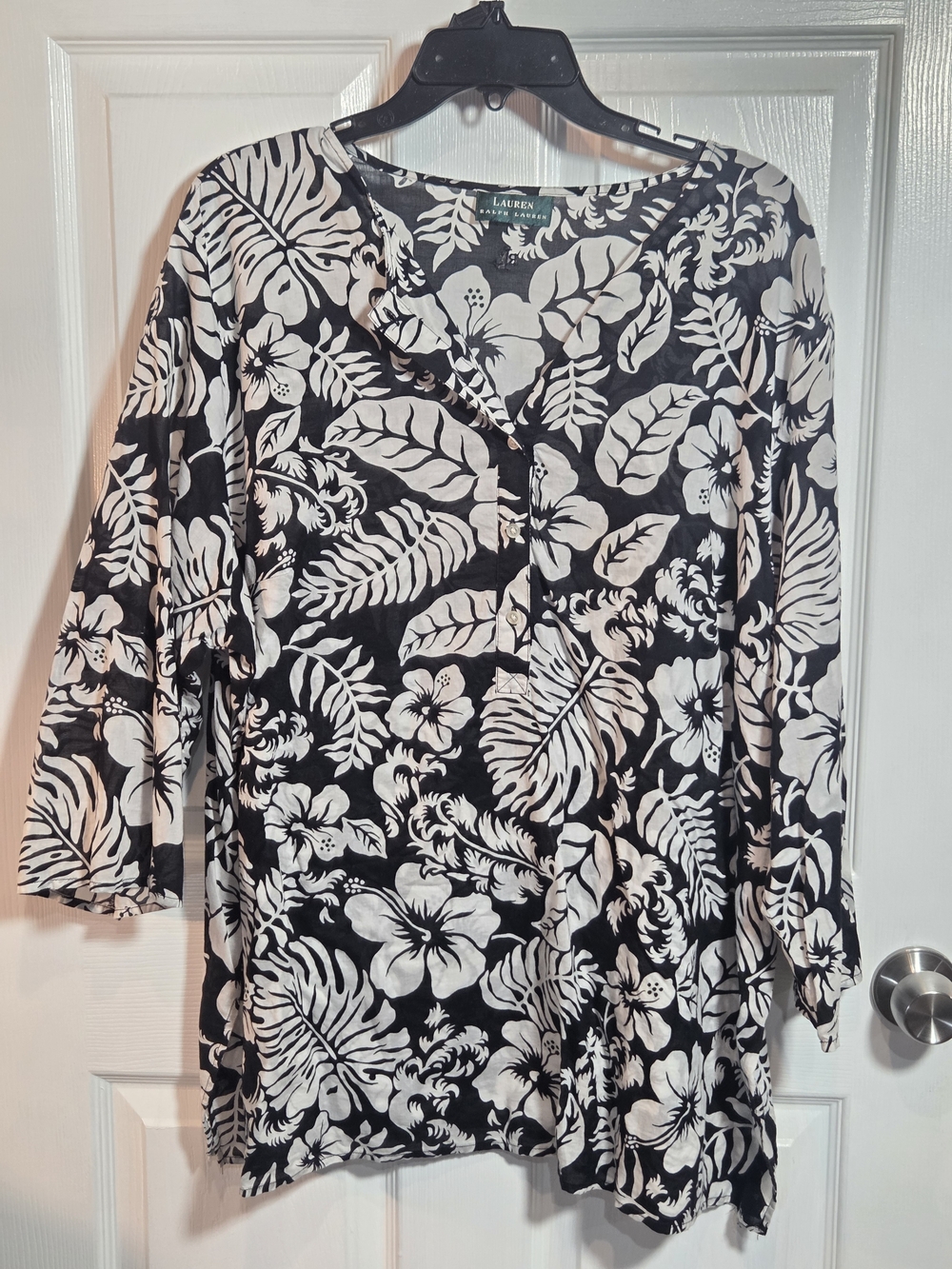 Lauren Ralph Lauren Black & White Tropical Floral Tunic Blouse 3/4 Sleeve